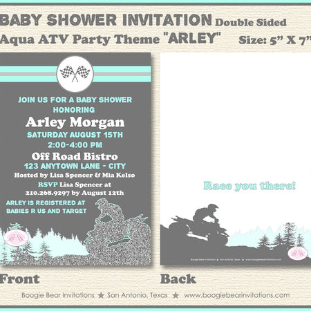 Aqua ATV Baby Shower Party Invitation Glitter Girl All Terrain Vehicle Quad 4 Wheeler Race Track Boogie Bear Invitations Arley Theme Printed