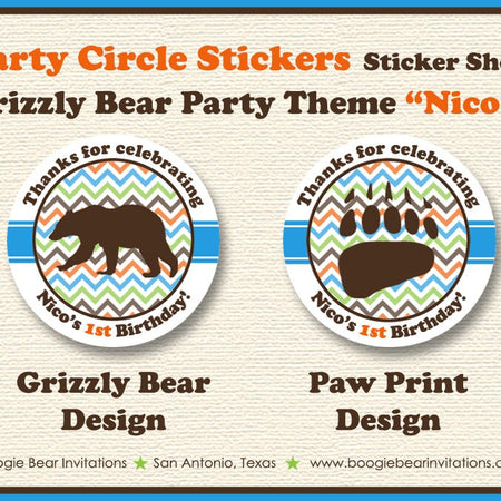 Grizzly Bear Birthday Party Stickers Circle Sheet Round Chevron Paw Print Boy Kodiak Wild Zoo Camping Tag Boogie Bear Invitations Nico Theme