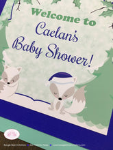 Load image into Gallery viewer, Woodland Winter Fox Baby Shower Door Banner Birthday Party Christmas Boy Blue Snow Arctic White Forest Boogie Bear Invitations Caelan Theme