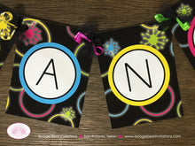 Load image into Gallery viewer, Neon Glowing Rings Birthday Party Name Banner Disco Glow Stick Dance Pink Blue Yellow Black Green Night Boogie Bear Invitations Kianna Theme