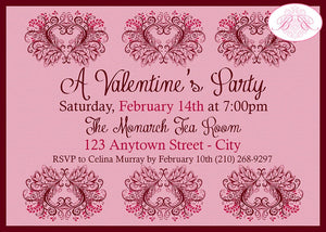 Damask Heart Valentine's Party Invitation Day Flower Maroon Red Pink Amore Boogie Bear Invitations Murray Theme Paperless Printable Printed