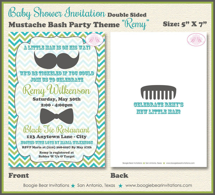 Mustache Bash Baby Shower Invitation Bow Tie Party Little Man Green Blue Boy Boogie Bear Invitations Remy Theme Paperless Printable Printed