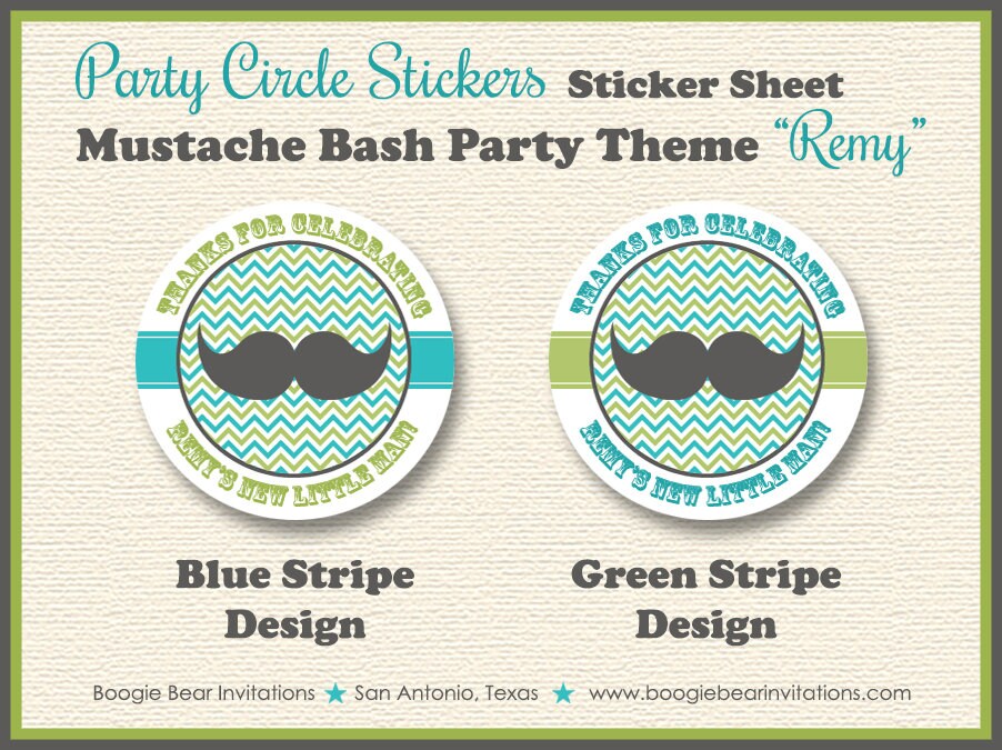 Mustache Bash Baby Shower Party Stickers Circle Sheet Round Little Man Boy Green Blue Dashing Carnival Boogie Bear Invitations Remy Theme
