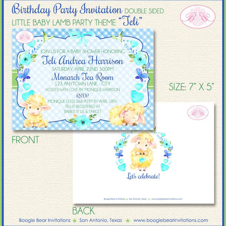 Little Lamb Baby Shower Invitation Farm Animals Sheep Blue Flower Garden Boy Boogie Bear Invitations Teli Theme Paperless Printable Printed