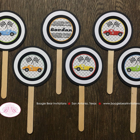 Race Car Party Cupcake Toppers Birthday Red Black Blue Green Retro Coupe Fastback Classic Antique Drag Boogie Bear Invitations Gordon Theme