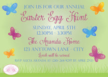 Load image into Gallery viewer, Butterfly Garden Party Invitation Easter Egg Hunt Pink Blue Yellow Green Boogie Bear Invitations Aranda Theme Paperless Printable Printed