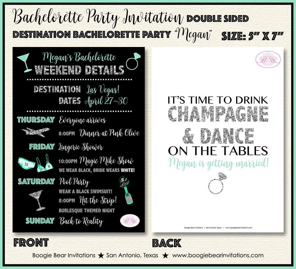 Destination Bachelorette Party Invitation Girl Mint Silver Black Itinerary Boogie Bear Invitations Megan Theme Paperless Printable Printed