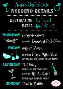 Destination Bachelorette Party Invitation Girl Teal Silver Black Itinerary Boogie Bear Invitations Trista Theme Paperless Printable Printed