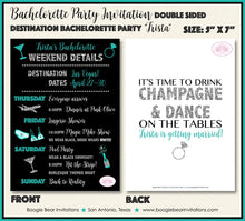 Load image into Gallery viewer, Destination Bachelorette Party Invitation Girl Teal Silver Black Itinerary Boogie Bear Invitations Trista Theme Paperless Printable Printed
