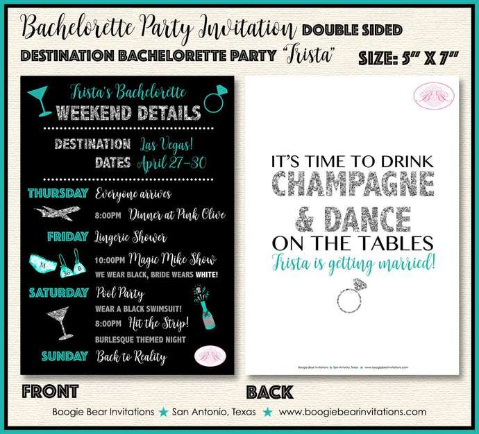 Destination Bachelorette Party Invitation Girl Teal Silver Black Itinerary Boogie Bear Invitations Trista Theme Paperless Printable Printed