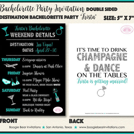 Destination Bachelorette Party Invitation Girl Teal Silver Black Itinerary Boogie Bear Invitations Trista Theme Paperless Printable Printed