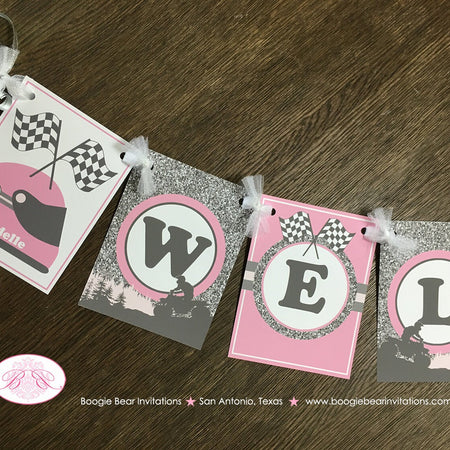 Pink ATV Baby Shower Party Banner Party Grey Gray Silver Glitter Girl Checkered Flag Race Stripe Quad Boogie Bear Invitations Adelle Theme
