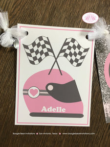Pink ATV Baby Shower Party Banner Party Grey Gray Silver Glitter Girl Checkered Flag Race Stripe Quad Boogie Bear Invitations Adelle Theme