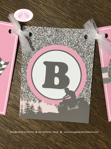 Pink ATV Baby Shower Party Banner Party Grey Gray Silver Glitter Girl Checkered Flag Race Stripe Quad Boogie Bear Invitations Adelle Theme