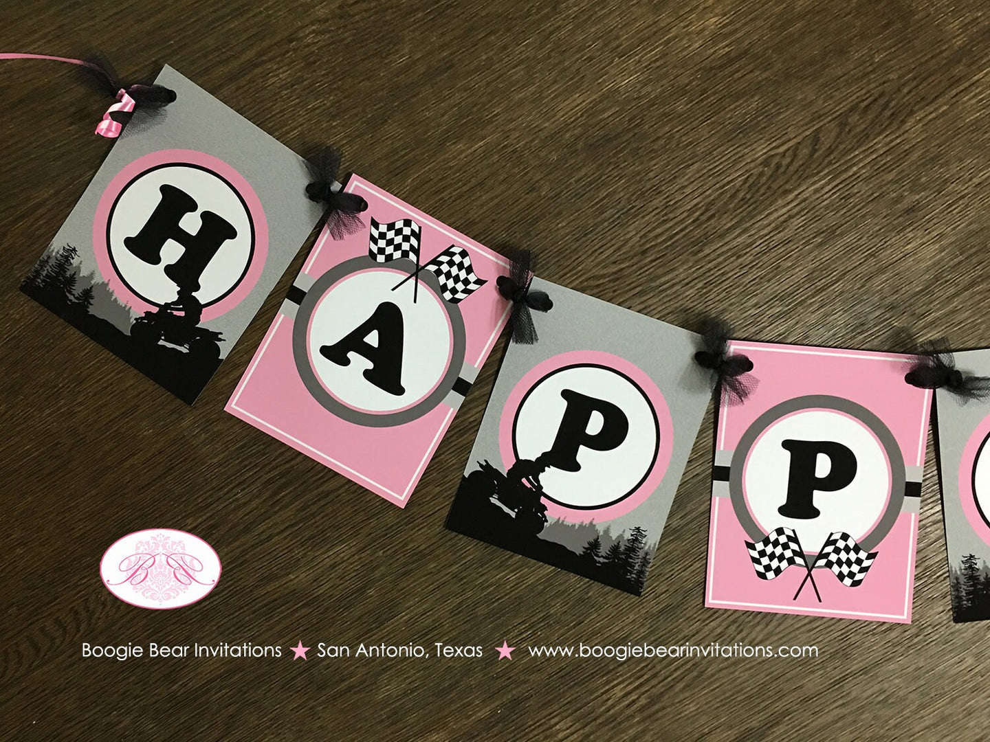 Pink ATV Happy Birthday Party Banner Racing Black Grey Silver Girl 1st 2nd 3rd 4th 5th 6th 7th 8th 9th Boogie Bear Invitations Adeline Theme