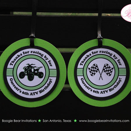 Green ATV Birthday Party Favor Tags Boy Girl Off Road All Terrain Vehicle 4 Wheeler Quad Sports Black Boogie Bear Invitations Garrett Theme