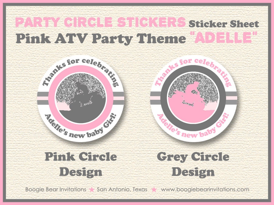 Pink ATV Baby Shower Party Stickers Circle Sheet Round Girl Glitter Quad All Terrain Vehicle 4 Wheeler Boogie Bear Invitations Adelle Theme