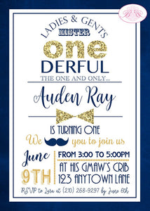 Mr. Wonderful Birthday Party Invitation Bow Tie Little Man Blue Gold ONE 1st Boogie Bear Invitations Auden Theme Paperless Printable Printed