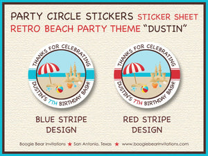 Retro Beach Birthday Party Stickers Circle Sheet Round Blue Boy Girl Swim Swimming Pool Ocean Summer Boogie Bear Invitations Dustin Theme