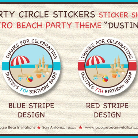 Retro Beach Birthday Party Stickers Circle Sheet Round Blue Boy Girl Swim Swimming Pool Ocean Summer Boogie Bear Invitations Dustin Theme