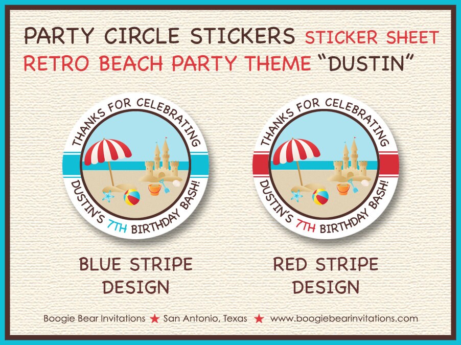 Retro Beach Birthday Party Stickers Circle Sheet Round Blue Boy Girl Swim Swimming Pool Ocean Summer Boogie Bear Invitations Dustin Theme