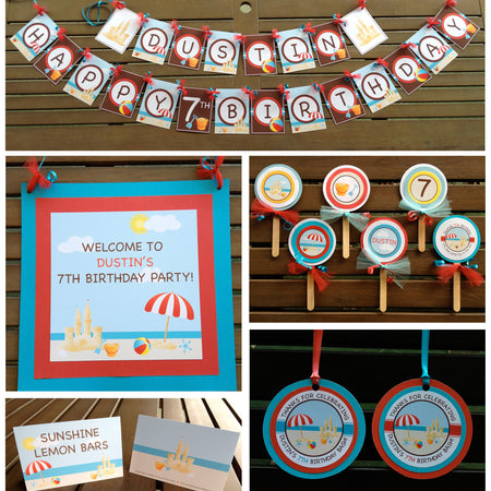 Beach Pool Birthday Party Package Boy Girl Summer Happy Door Banner Swimming Swim Pool Island Ocean Kid Boogie Bear Invitations Dustin Theme