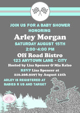 Load image into Gallery viewer, Aqua ATV Baby Shower Party Invitation Glitter Girl All Terrain Vehicle Quad 4 Wheeler Race Track Boogie Bear Invitations Arley Theme Printed