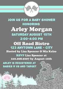 Aqua ATV Baby Shower Party Invitation Glitter Girl All Terrain Vehicle Quad 4 Wheeler Race Track Boogie Bear Invitations Arley Theme Printed