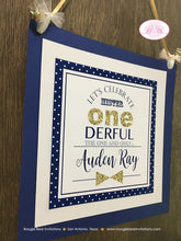 Load image into Gallery viewer, Mr. Wonderful Birthday Party Door Banner 1st Onederful Little Man Bow Tie Navy Blue White Gold Polka Dot Boogie Bear Invitations Auden Theme