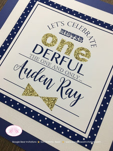 Mr. Wonderful Birthday Party Door Banner 1st Onederful Little Man Bow Tie Navy Blue White Gold Polka Dot Boogie Bear Invitations Auden Theme