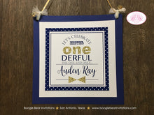 Load image into Gallery viewer, Mr. Wonderful Birthday Party Door Banner 1st Onederful Little Man Bow Tie Navy Blue White Gold Polka Dot Boogie Bear Invitations Auden Theme