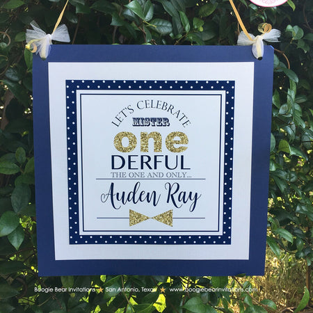 Mr. Wonderful Birthday Party Door Banner 1st Onederful Little Man Bow Tie Navy Blue White Gold Polka Dot Boogie Bear Invitations Auden Theme