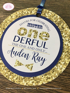Mr. Wonderful Party Favor Tags Birthday 1st ONE Onederful Bow Tie Mustache Navy Blue White Glitter Gold Boogie Bear Invitations Auden Theme
