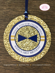 Mr. Wonderful Party Favor Tags Birthday 1st ONE Onederful Bow Tie Mustache Navy Blue White Glitter Gold Boogie Bear Invitations Auden Theme