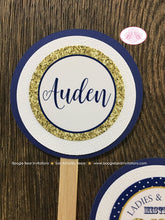 Load image into Gallery viewer, Mr. Wonderful Birthday Party Cupcake Toppers Set 1st ONE Onederful Bow Tie White Navy Blue White Gold Boogie Bear Invitations Auden Theme