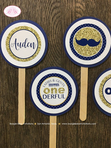 Mr. Wonderful Birthday Party Cupcake Toppers Set 1st ONE Onederful Bow Tie White Navy Blue White Gold Boogie Bear Invitations Auden Theme