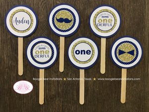 Mr. Wonderful Birthday Party Cupcake Toppers Set 1st ONE Onederful Bow Tie White Navy Blue White Gold Boogie Bear Invitations Auden Theme
