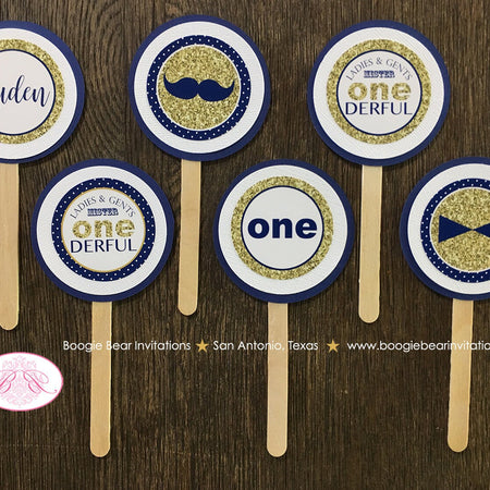 Mr. Wonderful Birthday Party Cupcake Toppers Set 1st ONE Onederful Bow Tie White Navy Blue White Gold Boogie Bear Invitations Auden Theme
