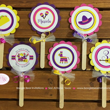 Fiesta Taco Party Cupcake Toppers Birthday Pink Yellow Purple Cinco De Mayo Pinata Carnival Sombrero Boogie Bear Invitations Mariela Theme