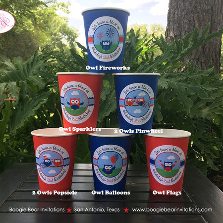 4th of July Birthday Party Beverage Cups Paper Drink Owls Fireworks Boy Girl Independence Day Flag Boogie Bear Invitations Blakeley Theme