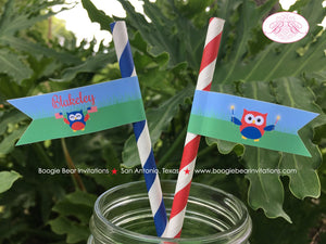 4th of July Party Pennant Straws Birthday Paper Beverage Drink Owls Boy Girl Red White Blue Flag USA Boogie Bear Invitations Blakeley Theme