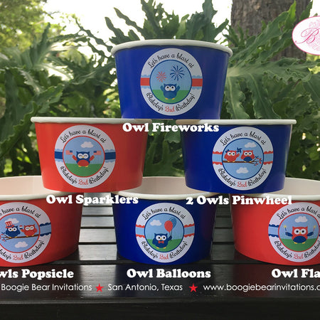 4th of July Birthday Party Treat Cups Candy Buffet Paper Owls Fireworks Independence Day USA Boy Girl Boogie Bear Invitations Blakeley Theme