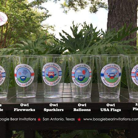 4th of July Birthday Party Beverage Cups Plastic Drink Owls Fireworks Boy Girl Red White Blue Flag Boogie Bear Invitations Blakeley Theme