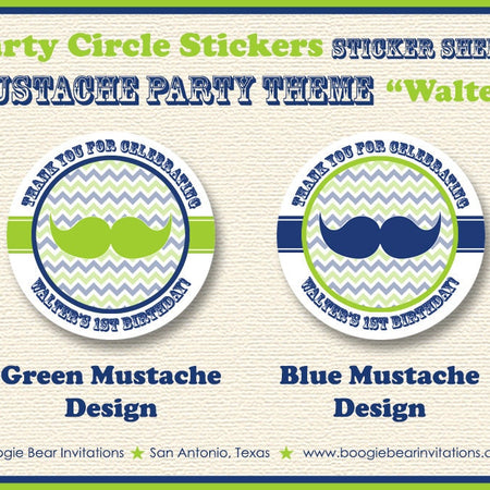 Mustache Bash Birthday Party Stickers Circle Sheet Round Little Man Boy Navy Blue Lime Green Formal Tag Boogie Bear Invitations Walter Theme