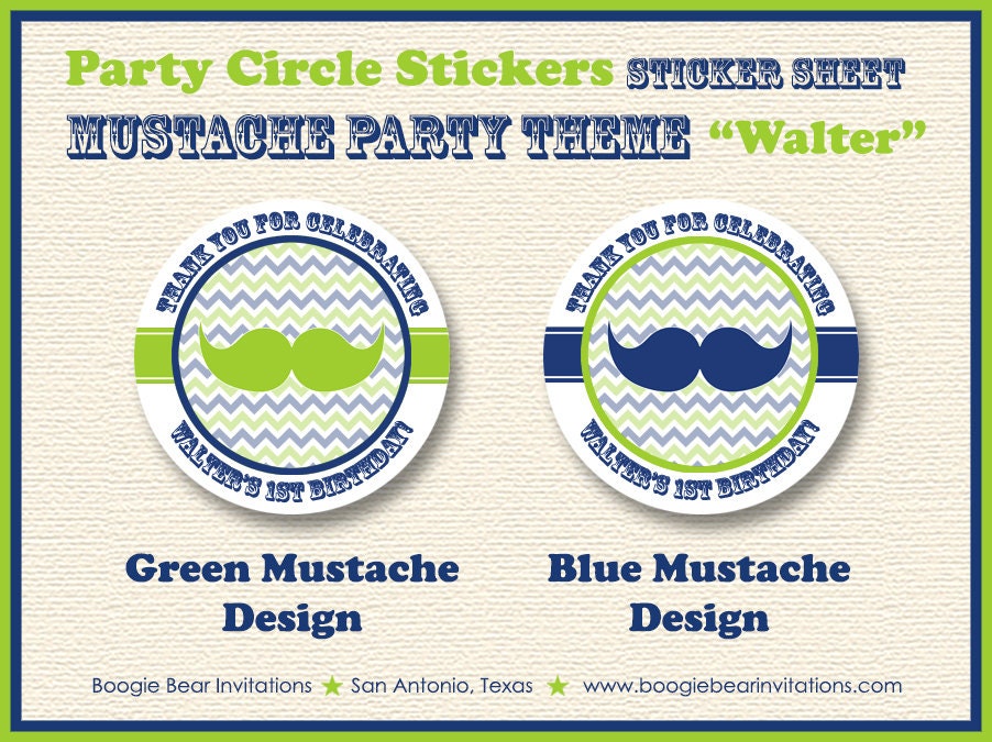 Mustache Bash Birthday Party Stickers Circle Sheet Round Little Man Boy Navy Blue Lime Green Formal Tag Boogie Bear Invitations Walter Theme