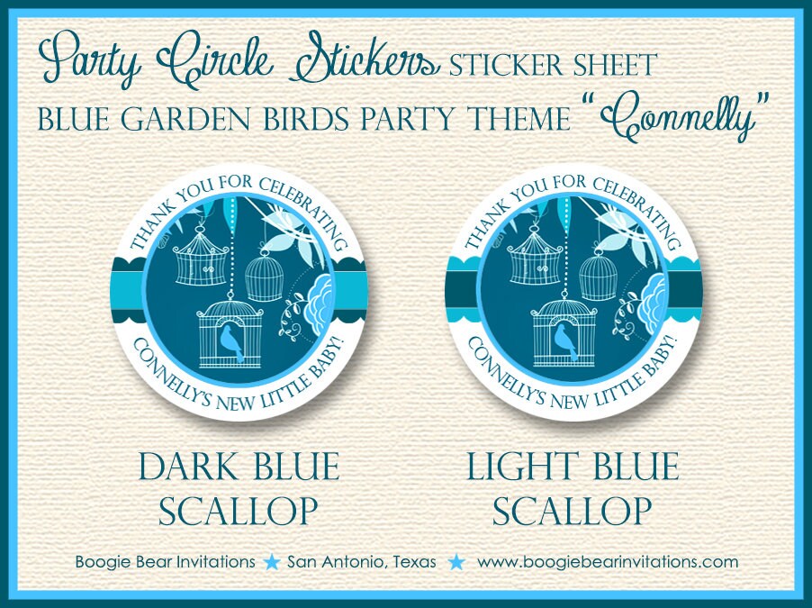Bird Flower Garden Baby Shower Party Stickers Circle Sheet Round Boy Blue Navy Sky Cage Spring Forest Boogie Bear Invitations Connelly Theme