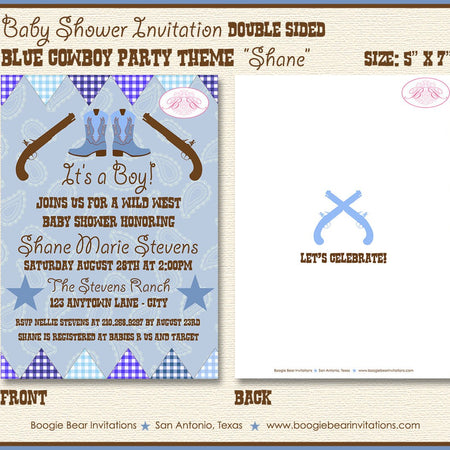 Blue Cowboy Baby Shower Invitation Gun Lone Star Pistol Paisley Gingham Navy Boogie Bear Invitations Shane Theme Paperless Printable Printed