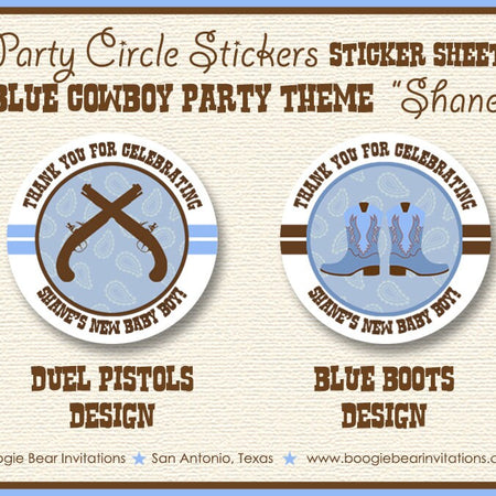 Blue Gunslinger Baby Shower Party Stickers Circle Sheet Round Boy Brown Boots Guns Pistol Ranch Cowboy Boogie Bear Invitations Shane Theme
