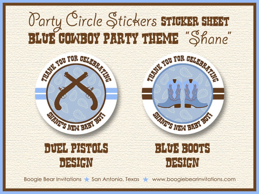 Blue Gunslinger Baby Shower Party Stickers Circle Sheet Round Boy Brown Boots Guns Pistol Ranch Cowboy Boogie Bear Invitations Shane Theme