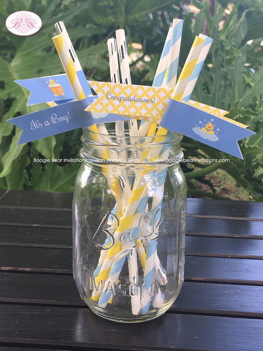 Yellow Rubber Duck Baby Shower Party Pennant Straws Paper Beverage Blue Little Duckie Ducky Boy Girl 1st Boogie Bear Invitations Terry Theme